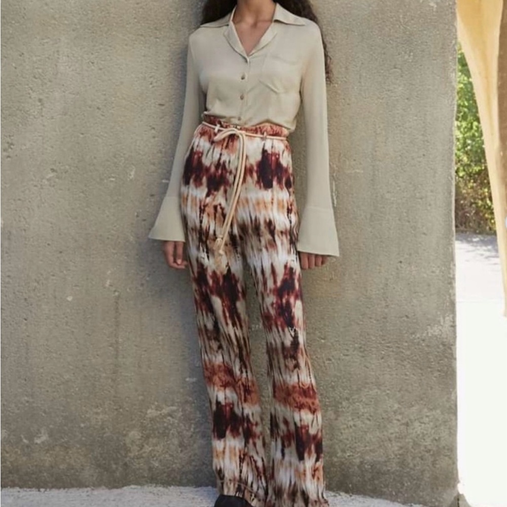Nanushka Giada Tie-Dye Belted Cupro High Rise Wide-Leg Pants Sz XS